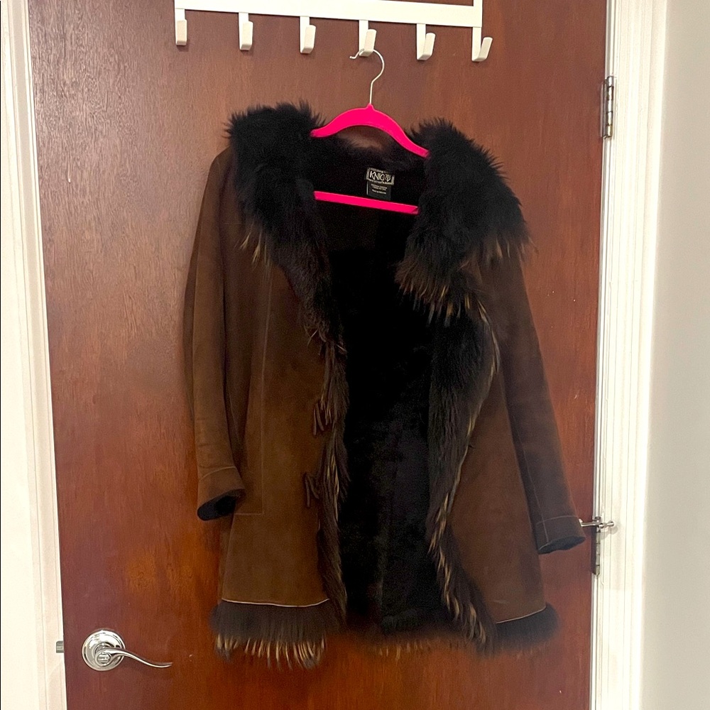 Knight Brown 100% Dyed Sheepskin and Tipped Fox Trim Coat